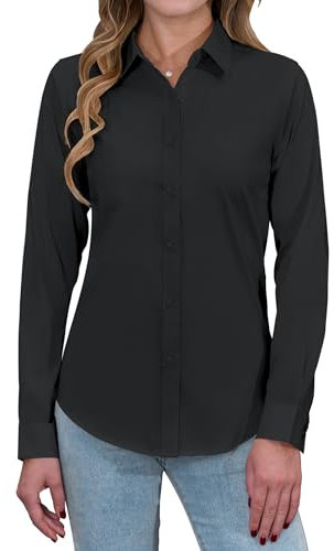 siliteelon Womens Shirts Long Sleeve Black Shirt Womens Regular Fit Women's Blouses Button Down Executive Business Casual Work Shirts for Women UK L