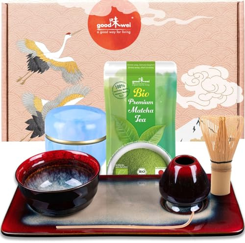 Goodwei Matcha Teeset - 7-tlg. Deluxe Matcha-Set für japanische Teezeremonie komplett mit Teetablett und Teedose (Rot)