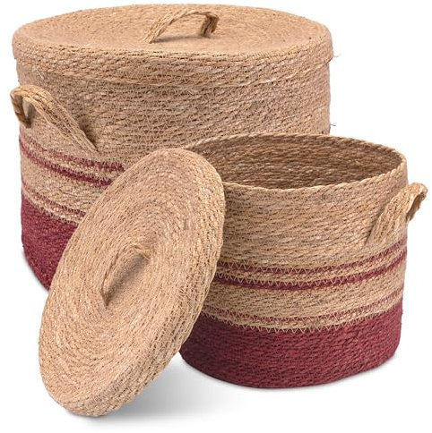 Decorasian Seegras Korb mit Deckel – Wäschekorb geflochten – dekorative Körbe zur Aufbewahrung im Boho Stil - 2er Set