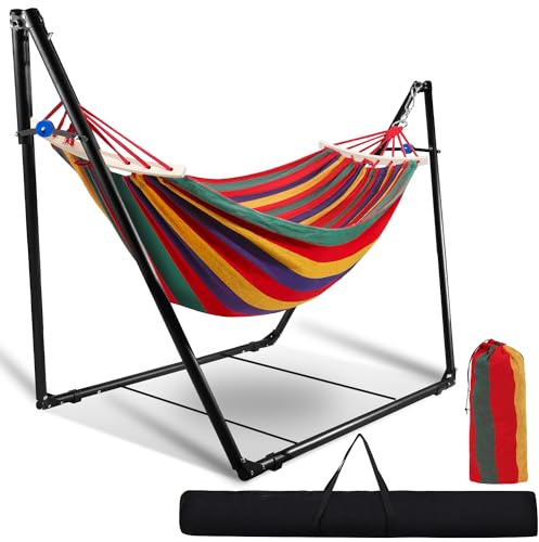 Hebitod Hängematte mit Gestell Faltbar, Hängemattengestell 150kg Belastbarkeit für Outdoor Garten Camping Terrasse, Einstellbare Größe Mit Aufbewahrungstasche