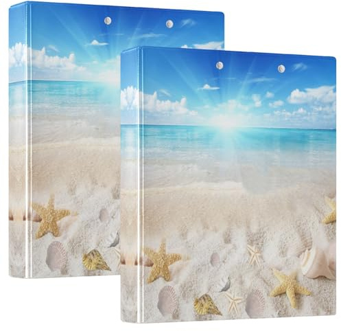 Quteprint Ringbuch mit 3 Ringen, Strand, Ozean, Seestern, Muscheln, 3,8 cm, runder Ringordner mit 3 transparenten Innentaschen, Ordner-Organizer mit Klemmbrett für Büro, Zuhause, Schule, hält 200