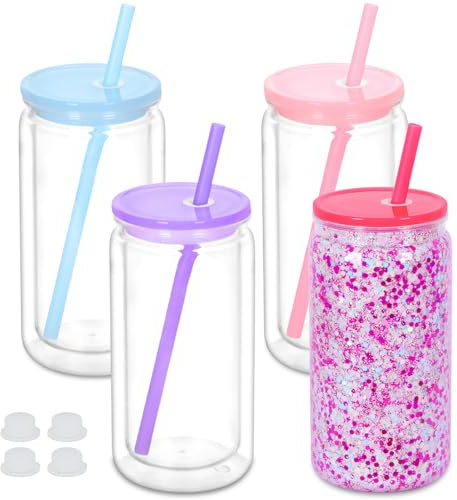 Maucircol Kunststoff-Schneekugelbecher, 473 ml, vorgebohrt, doppelwandig, transparent, für Glitzer-Schneekugel zum Selbermachen, doppelwandige Schneekugelbecher mit buntem Deckel, 4 Stück