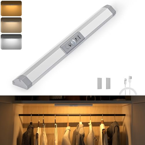 WOBANE Wardrobe Lights Motion Sensor,Dimmable Wardrobe Lighting with 3 Color,Upgraded Eye Protection Design,Rechargeable Night Lights,Wireless LED Sensor Lights for Drawer,Closet,Stair,Bed,1pack 33cm