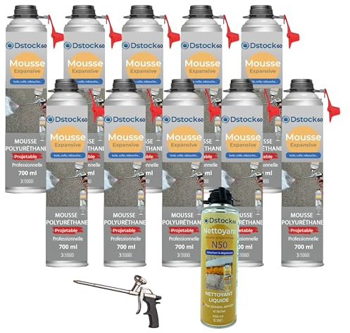DSTOCK60 – Pack de 10 mousses expansives polyuréthanes projetables 700 ml + 1 pistolet + 1 nettoyant mousse - compatible multi-surfaces - application facile et rapide
