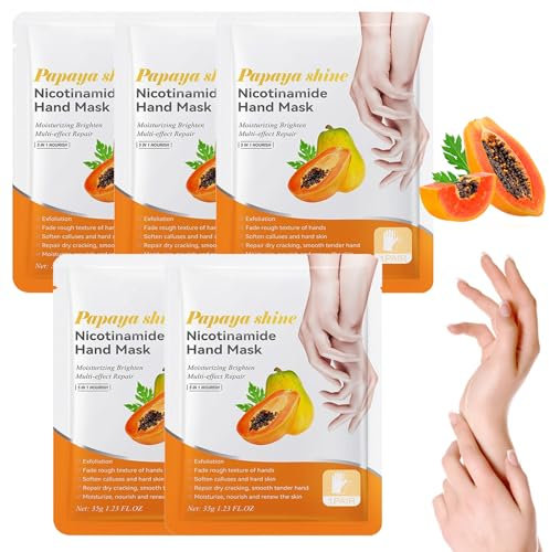5 Paia Maschera Per Le Mani, Maschera Idratanti Per Mani Esfoliante, Hand Mask, Guanti Idratanti per la Sbiancamento Cura delle Mani, Per Mani Secche, Invecchiate e Screpolate (Papaia)