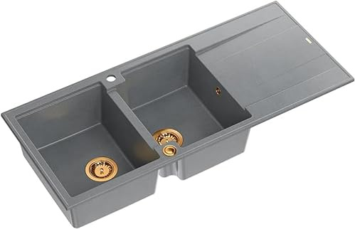 QUADRON Evier double gris, EVAN 121 GraniteQ, Evier de cuisine, 2 bacs en granit en 1160 x 500 x 210 mm, Evier ouvert Push 2 avec siphon avec égouttoir, éléments en cuivre PVD