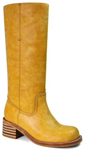 UBWDU Banana Wide Calf Knee High Boots for Women Chunky Heel Block Long Tall Boots Low Heel Square Toe Platform Campus Boots Size 9