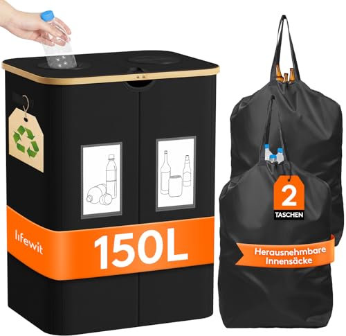 Lifewit 150L Pfandflaschen Sammelbehälter, Flaschen Organizer mit Deckel, Flaschensammler Leergut 2 Fächer, Pfandflaschen Aufbewahrung, Pfandflaschen Behälter für Kunststoff, Glasflaschen, Schwarz