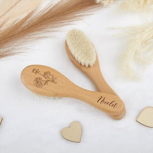 Personalisierte Babyhaarbürste aus Holz für Neugeborene und Kleinkinder, personalisierte gravierte Baby-Haarbürste, Geburtsblumen-Haarbürste mit Namen, Holzhaarbürste (1 Stück)