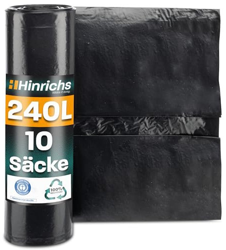 Hinrichs Lot de 10 sacs poubelle extra résistants – 240 L – XXL – 100 x 125 cm – PEBD – Idéal pour déchets ménagers, jardin, commerce, chantier