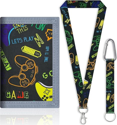 GUOYOU Kids Wallet Tri fold Coin Pocket Children Neck Pouch with Zipper Key Chain and ID Window Card Holders for Toddler Children Birthday Gifts with Lanyard and Key Chain Holder (Black)