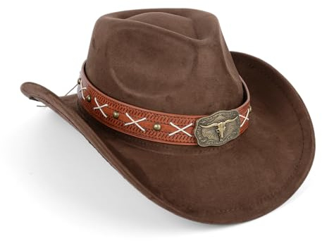 Cowboy Hat for Women and Men Cowboy Hat with Metal Bull Head and Suede Look Breathable Polyester Cowboy Hats for Men and Women Perfect for Cowboy Outfit Outdoor Activities Brown