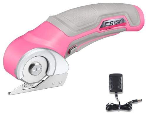 Wild Edge Cordless Electric Scissors, Pink Cardboard Cutter with 4V 2.5Ah High-Capacity Battery, Rapid Charger, Electric Box Cutter for Cardboard, Carpet, Plastic, Leather