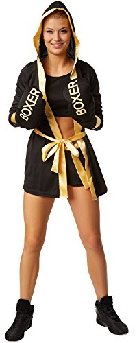 dressforfun 900377 Frauenkostüm Boxerkostüm mit Short, Top, Mantel mit Kapuze, Gürtel und Boxhandschuhen