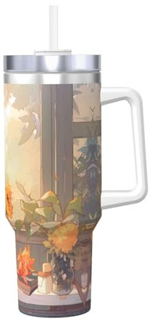 Tazza termica in acciaio inox con stampa di girasoli sotto il davanzale della finestra, con manico e cannuccia, per viaggi, palestra, ufficio, casa