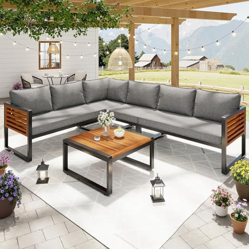 Merax Gartenmöbel Set 6 Personen, Lounge Sitzgruppe Outdoor mit Sofatisch & Einzelsofa & Kissen, Ecksofa-Set aus verzinktem Eisen & Holz, für Garten Balkon Terrasse, wetterfest Gartenlounge Set, Grau