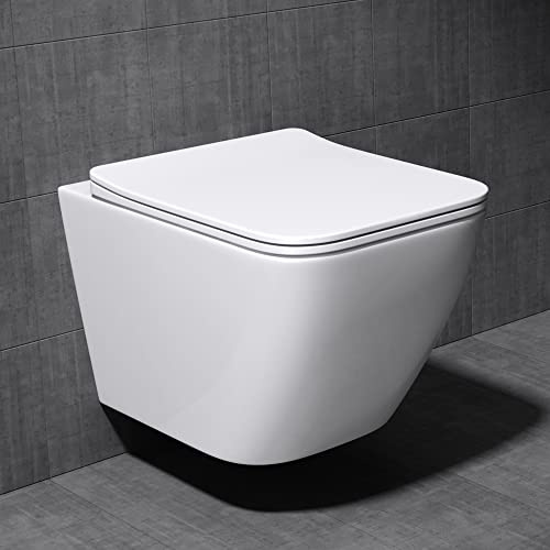 Mai & Mai Hänge WC Toilette Wand-WC Spülrandlos | Wand-Toilettenbecken Weiß aus Keramik, Wandmontage mit Absenkautomatik, Aachen308