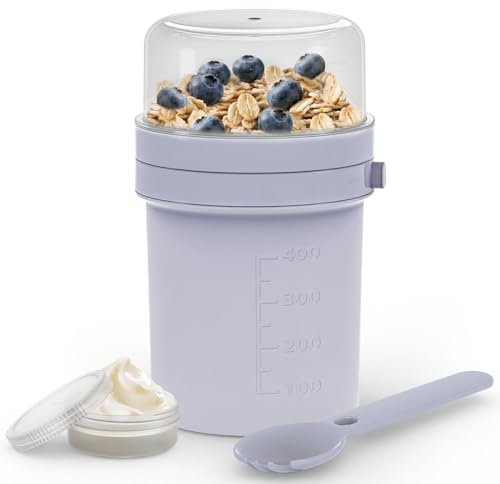 MRUN BONE Gobelet à céréales à emporter, 450 ml + 250 ml, pratique, avec fourchette et cuillère, anti-fuite, pour le travail, l'école, le pique-nique, violet lavande