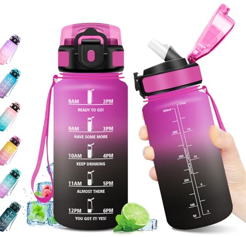 Borraccia 500ml, Bottiglia con Indicatore del Tempo Motivazionale, Bottiglia con Cannuccia, Riutilizzabile, Borraccia senza BPA, A Prova di Perdite, per Bambini, Scuola, Ufficio, Gym, Picnic