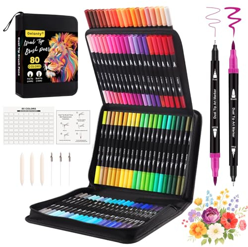 Gelanty Dual Tip Brush Pens Set, 80 Farben Filzstifte Dicke und Dünne Pens Fineliner Set, Aquarell Farben für Handlettering, Bullet Journal, Malbücher, Manga, Kalligraphie Stifte