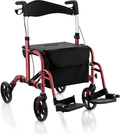 GOPLUS 2 en 1 Déambulateur Fauteuil Roulant Pliant, Aide à la Marche en Alu.um avec 6 Hauteurs Réglables, Repose-pieds, Dossier Réversible, Pliable pour Personnes Âgées/Handicapées