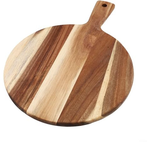 Bandeja de pizza de madera de acacia natural, tabla de cortar redonda de 16 pulgadas, tablas redondas de queso para charcutería con borde liso y mango cómodo
