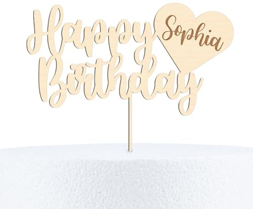 Happy Birthday Cake Topper – Tortenstecker personalisiert mit Namen im Herz – Kuchendeko Geburtstag – Holz – Deko für Kinder, Erwachsene & Partys – Wunschnamen graviert – 15 cm oder 20 cm