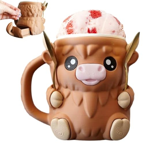 Rppiup Highland Cow Ice Cream Holder, Ice Cream Cups with Anti-Freeze Handle & 2 Spoons, Leak Proof 16oz Highland Cow Ice Pint Holder, Icecream Popsicle Cozy Beer Can Cup Gift for Highland Cow Lovers