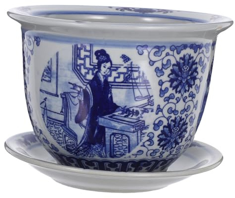 POPETPOP Macetas De Porcelana Azul y Blanca Maceta Decorativa para Plantas De Interior Suculentas y Bonsáis con Platillo para y Barandillas