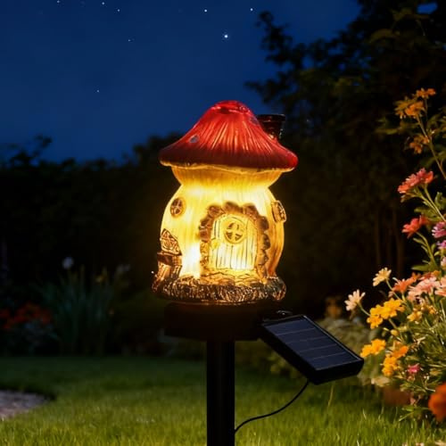 Iridsmole Solar Mushroom House Lights, Solar Garden Lights, Fairy Tale Ornament, Waterproof Powered Pathway Light, Stake Lights for Outdoor Garden, Miniature Garden Decoration for Walkway