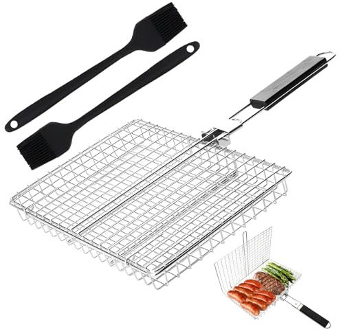 Vaskula Grillkorb Faltbarer Fischgrillgitter Robuster Fischhalter für Grill Baskets mit Griff Silikonbürste Fischgitter Zum Grillen für Camping Outdoor Grillen Fisch Gemüse Fleisch