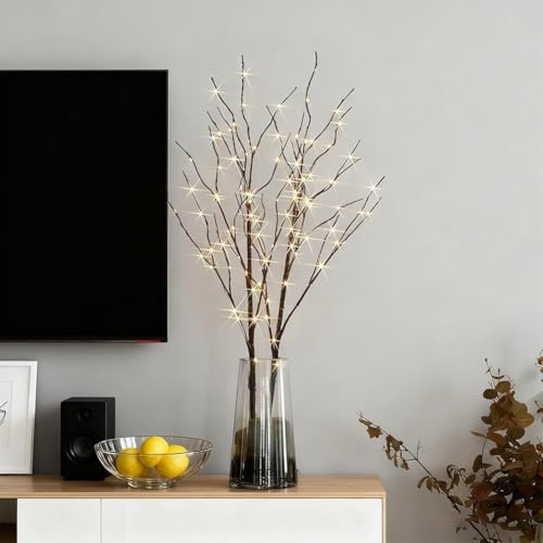 2 Pack 80cm Christmas Decorative Twig Lights Snow Frosted Garden Stake Lights with 50 Warm White LEDs,Timer Battery Operated Lighted Branches for Indoor and Outdoor Use