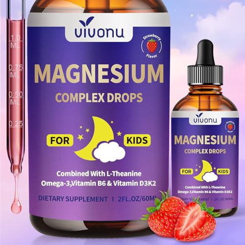 VivoNu Magnésium Gouttes pour Enfants, Magnésium Bisglycinate avec Vitamines D3 K2 B12 & B6, Oméga 3, calcium - Sommeil, Détente, Calme, Concentration, Fraise, 60ml