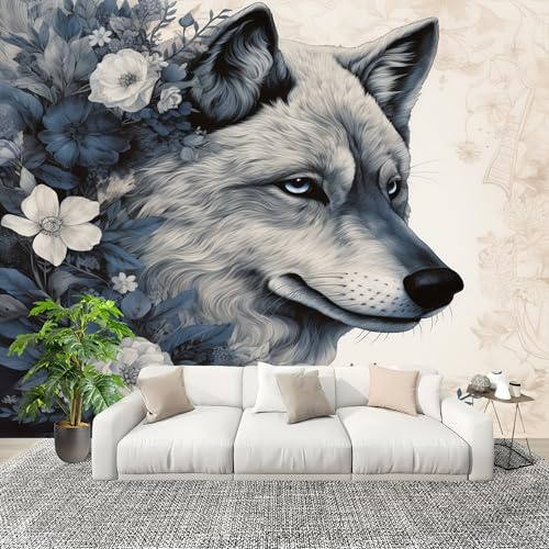 Mural Papel Pintado 3D 250x175cm Jungla Animales Lobos Flores Fotomurales Tejido No Tejido Antiarrugas Póster Blanco Murales Fotográfico Moderno Decoración de Paredes