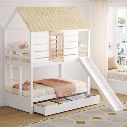 PUGSDRLY Lit superposé 90x200cm Forme Maison avec Toboggan et Une échelle, Lit Mezzanine avec fenêtre décorative et 2 tiroirs, Cadre de lit avec barrières pour Chambre ado