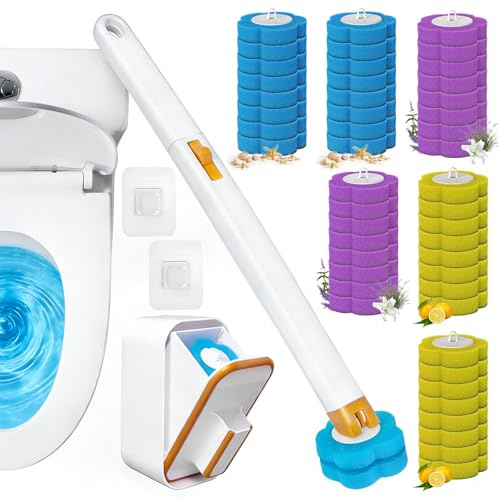 Disposable Toilet Brush with 48 Refill Heads, 360° Scrubbing Head | Extended Handle | Fresh Scent, Bowl Toilet Brush with Wall Mounted Holder, Toilet Wand Cleaning System for Bathroom, Shower, Sink