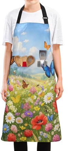 SDMKA Vibrant Wildflower Meadow Bib Apron - Water and Oil Resistant, Adjustable with 2 Large Pockets, 35 Inch Chef Aprons for Cooking, Grilling, Gardening, Men and Women