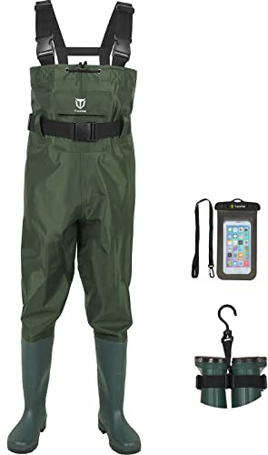 TIDEWE Bootfoot Chest Wader, 2-Ply Nylon/PVC Waterproof Fishing & Hunting Waders with Boot Hanger for Men and Women Green Size 5
