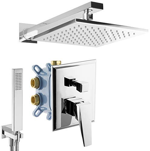 PaulGurkes Duscharmatur Unterputz Armatur eckig Regendusche Duschsystem Chrom Einhandmischer Mischbatterie Kopfbrause groß Handbrause Stabbrause 160cm Brauseschlauch Duschschlauch 1,6m Messing