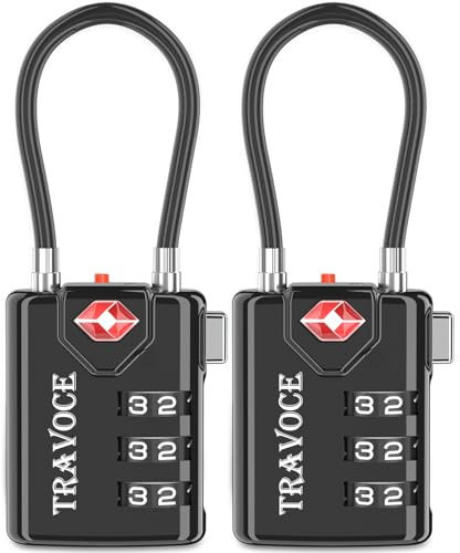 Search Alert TSA Approved Travel Combination Luggage Cable Locks for Suitcase, Gym Locker,Toolbox,Backpack 1,2,4,6 &10 pk, Black 2 Pack, ONE_Size