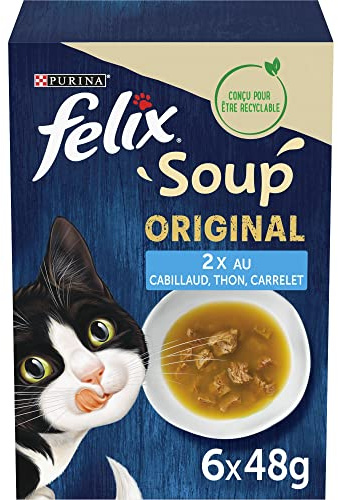 FELIX | Soup Original | Soupes en sachets pour Chat Adulte | Aliment Humide | Au Poisson : Cabillaud, Thon, Carrelet | Sachet Fraîcheur | Lot de 8x (6x48g)