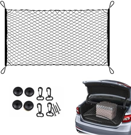 Kofferraum Gepäcknetz,Auto Kofferraumnetz Elastisch 70cm x 120cm,Nylon Fest,Aufbewahrung Netz Car Storage Lagerung Mesh Organizer,mit 4 Massiven Haken,für Universal,Meisten Arten von Fahrzeugen,Hunde