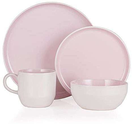 Barbary & Oak BO867004PNK Oslo 16 Piece Dinnerware Set, Stoneware, White and Pink Lemonade