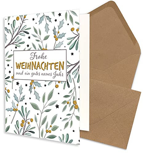 100x Weihnachtskarten-Set DIN A6 in Weiß mit Eukalyptus- und Mistelzweigen - Faltkarten mit Umschlägen DIN C6 Kraftpapier Sandbraun mit Nassklebung - Weihnachtsgrüße für Firmen und Privat
