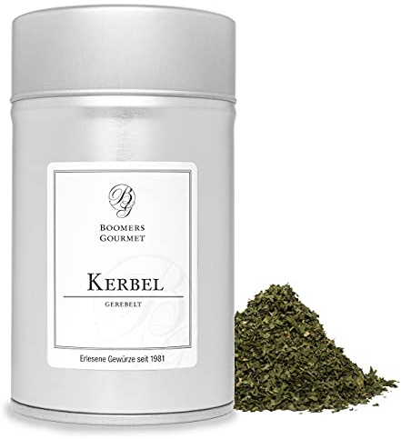 Boomers Gourmet - Kerbel gerebelt - Kerbel Gewürz aus besten Blättern - getrockneter Kerbel für feine Kräutergerichte, Grüne Soße, Salate, Suppen - Gewürzdose 11,5 cm - 15 g