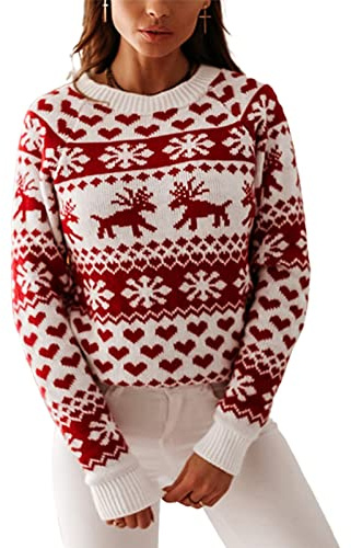 ZAFUL Women's Christmas Snowflake Reindeer Knitted Sweater Long Sleeve Crew Neck Heart Animal Print Pullover Knitwear