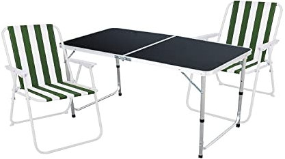 Mojawo 3tlg. Campingmöbel Set Alu 120x60x58/70cm 1x XXL Campingtisch schwarz mit Tragegriff + 2 Campingstühle grün-weiß Stoff Oxfort