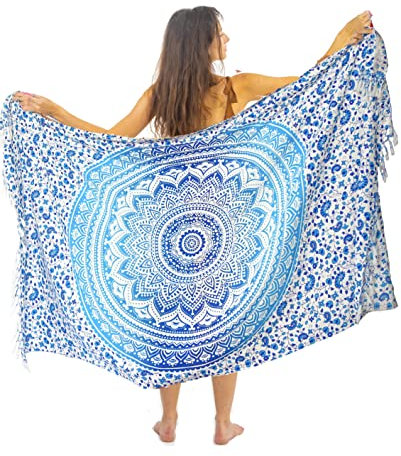 Mandala Life ART Blauer Damen Sarong Pareo Mit Fringe Hochwertiger Rayon Groß Strand Strandtuch Wickeltuch Wickelrock Strandrock Tapisserie Wickeltuch Bikini Cover Up Tuch Für Badeanzug