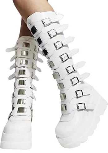 Minetom Damen Winter Gothic Punk Plateau Stiefel Goth Schnalle Zipper Wedges Mid Schuhe Plattform Biker Boots Chunky Motorrad Stiefel