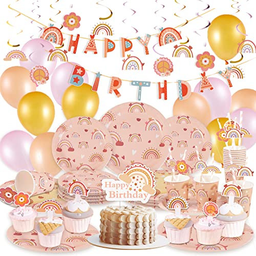 116 Stück Boho Regenbogen Partygeschirr, Pappteller Kindergeburtstag, Enthält Pappbecher Servietten Strohhalme Pappteller, Strudel, Cake Toppers, Banner, Luftballon für Babyparty Geburtstag Dekoration